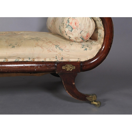 517 - A REGENCY FAUX ROSEWOOD DECORATED BEECH S-SCROLL ARM DAY BED c.1820, upholstered in floral chintz, s... 