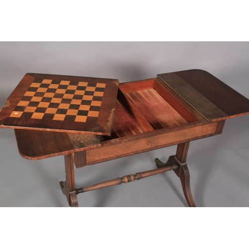 518 - A REGENCY MAHOGANY SOFA GAMES TABLE, the rounded rectangular top with pair of hinged leaves and cent... 