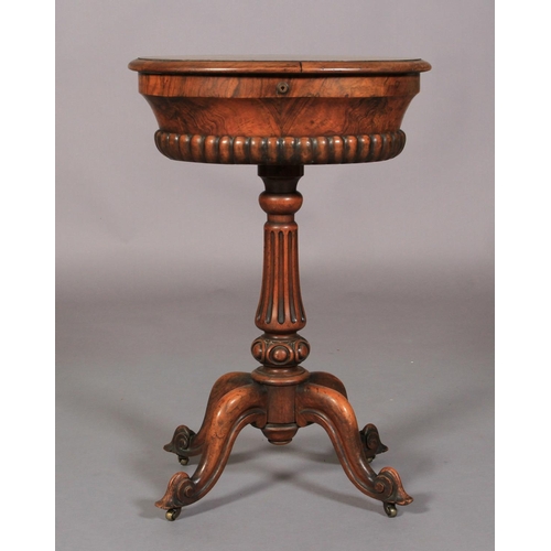 519 - AN EARLY VICTORIAN BURR WALNUT VENEERED TEAPOY, oval, the hinged lid revealing an interior with pair... 