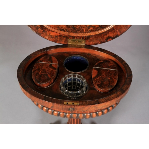 519 - AN EARLY VICTORIAN BURR WALNUT VENEERED TEAPOY, oval, the hinged lid revealing an interior with pair... 