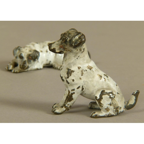 52 - TWO COLD PAINTED BRONZE MODELS OF TERRIERS, one seated, one recumbent, 5cm high (2)