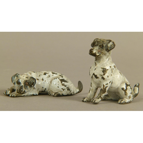 52 - TWO COLD PAINTED BRONZE MODELS OF TERRIERS, one seated, one recumbent, 5cm high (2)