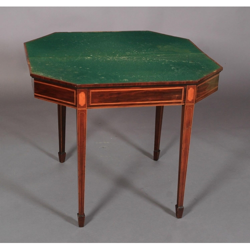 522 - A GEORGE III INLAID MAHOGANY CARD TABLE, the chamfered oblong top with figured panel within broad sa... 