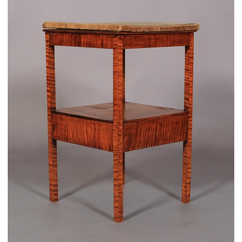 523 - A REGENCY TIGER MAPLE VENEERED TWO TIER WASH STAND with replaced velvet covered top and replaced dra... 