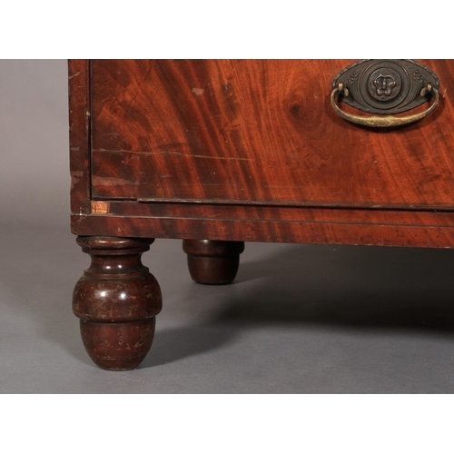 526 - A GEORGE IV MAHOGANY CLOTHES PRESS with flared moulded cornice over pair of figure doors enclosing f... 