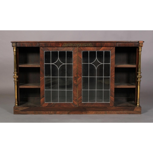 527 - A REGENCY BRASS INLAID ROSEWOOD BREAKFRONT SIDE CABINET, pair of central doors (later with leaded gl... 