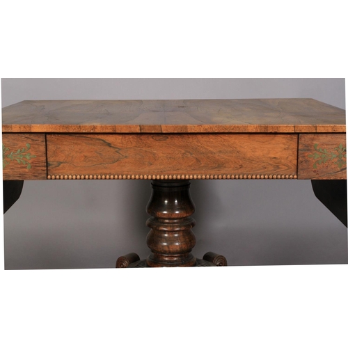 530 - A REGENCY ROSEWOOD SOFA TABLE, having twin drop leaves, beaded flush frieze drawer and opposing dumm... 