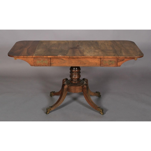 530 - A REGENCY ROSEWOOD SOFA TABLE, having twin drop leaves, beaded flush frieze drawer and opposing dumm... 