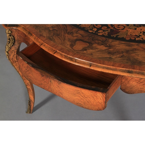 537 - A VICTORIAN FIGURED WALNUT OVAL CENTRE TABLE, quarter-veneered and inlaid in coloured and stained fl... 