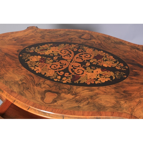 537 - A VICTORIAN FIGURED WALNUT OVAL CENTRE TABLE, quarter-veneered and inlaid in coloured and stained fl... 