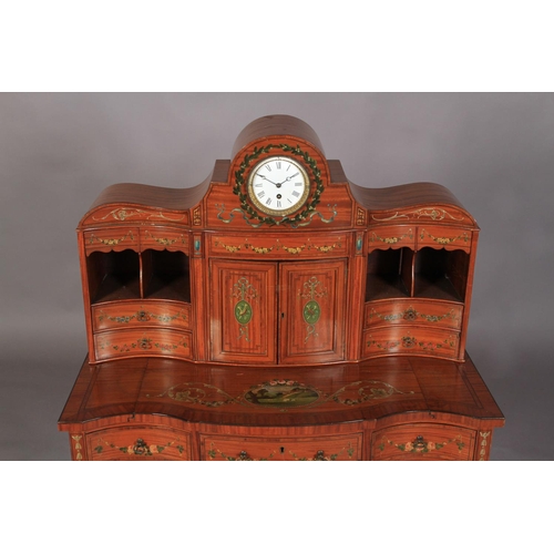 539 - AN EDWARD VII PAINTED SATINWOOD BONHEUR DU JOUR, the superstructure with white enamel dial clock fac... 