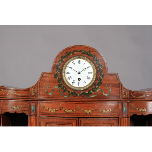 539 - AN EDWARD VII PAINTED SATINWOOD BONHEUR DU JOUR, the superstructure with white enamel dial clock fac... 