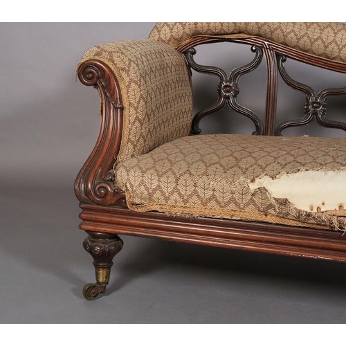 540 - AN EARLY VICTORIAN ROSEWOOD SHOW FRAME SOFA, with upholstered top rail above moulded x-frame splats ... 