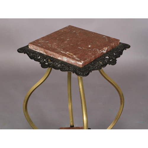 545 - A VICTORIAN BRASS AND CAST IRON TWO TIER ETAGERE, the top inset with a rosso marble square panel wit... 