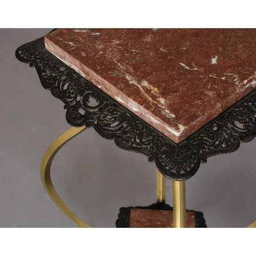 545 - A VICTORIAN BRASS AND CAST IRON TWO TIER ETAGERE, the top inset with a rosso marble square panel wit... 