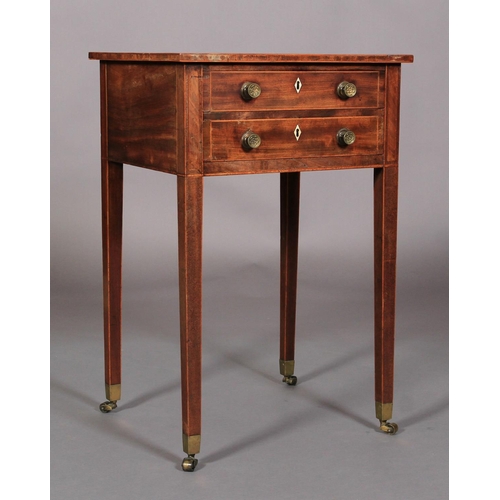 549 - A LATE 18TH CENTURY MAHOGANY WORK TABLE, cross banded and inlaid with boxwood stringing, having two ... 