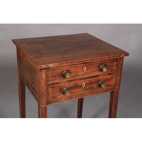 549 - A LATE 18TH CENTURY MAHOGANY WORK TABLE, cross banded and inlaid with boxwood stringing, having two ... 