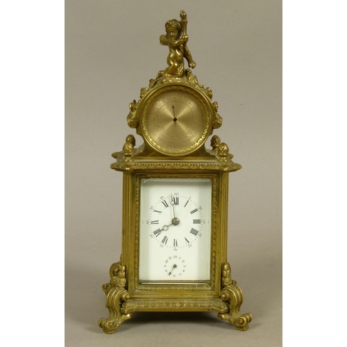 55 - A 19TH CENTURY FRENCH BRASS MANTEL ALARM CLOCK AND BAROMETER, cast fluted case enclosing a white ena... 