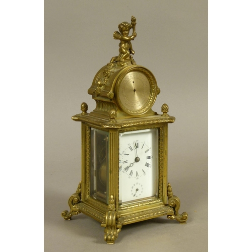 55 - A 19TH CENTURY FRENCH BRASS MANTEL ALARM CLOCK AND BAROMETER, cast fluted case enclosing a white ena... 