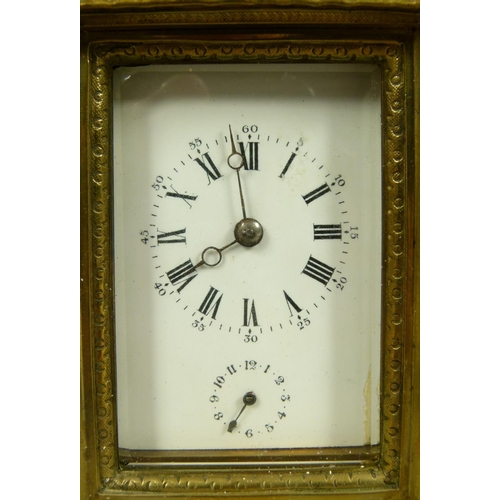 55 - A 19TH CENTURY FRENCH BRASS MANTEL ALARM CLOCK AND BAROMETER, cast fluted case enclosing a white ena... 