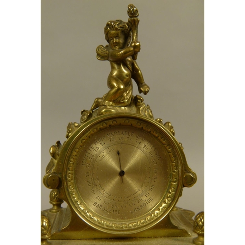 55 - A 19TH CENTURY FRENCH BRASS MANTEL ALARM CLOCK AND BAROMETER, cast fluted case enclosing a white ena... 