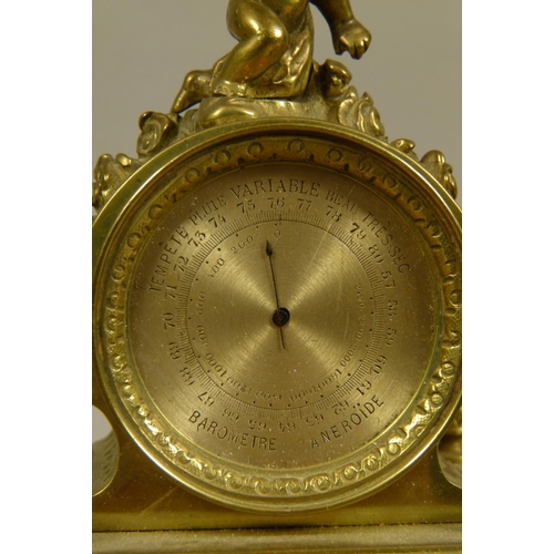 55 - A 19TH CENTURY FRENCH BRASS MANTEL ALARM CLOCK AND BAROMETER, cast fluted case enclosing a white ena... 