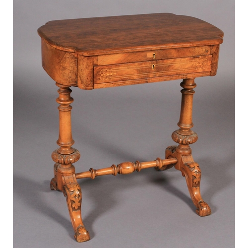 551 - A VICTORIAN WALNUT VENEERED WORK TABLE, of rounded rectangular form, the hinged lid revealing green ... 