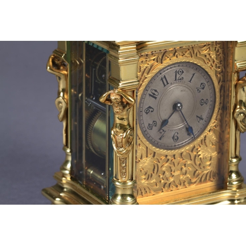 56 - A LATE 19TH CENTURY BRASS CASED HOUR REPEATING CARRIAGE CLOCK, the case cast with male bearded carya... 