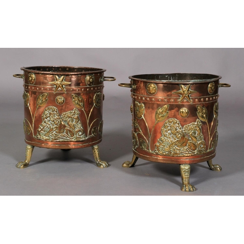 569 - A PAIR OF VICTORIAN TWO HANDLED COPPER CYLINDRICAL COAL BINS, the seamed bodies applied with lion an... 