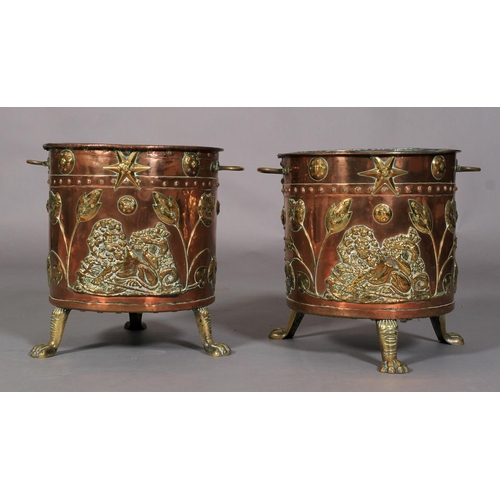 569 - A PAIR OF VICTORIAN TWO HANDLED COPPER CYLINDRICAL COAL BINS, the seamed bodies applied with lion an... 