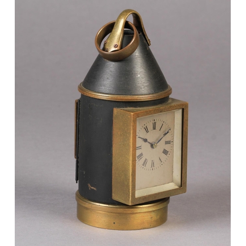 57 - AN INTERESTING 'INDUSTRIAL' CARRIAGE CLOCK OF LANTERN FORM, the black Japanned cylindrical case with... 