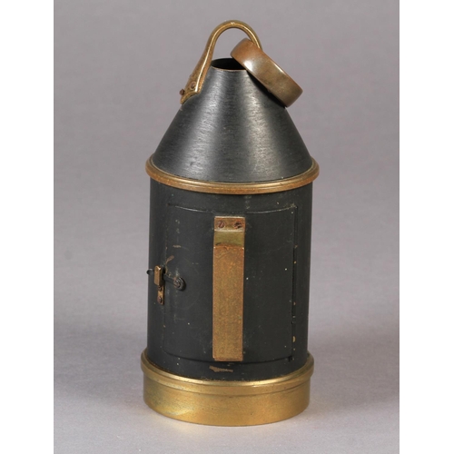 57 - AN INTERESTING 'INDUSTRIAL' CARRIAGE CLOCK OF LANTERN FORM, the black Japanned cylindrical case with... 