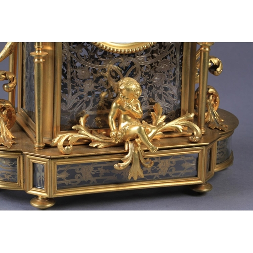 58 - A FINE FRENCH ORMOLU MANTEL CLOCK, the ornate glazed case decorated internally with floral, leaf and... 