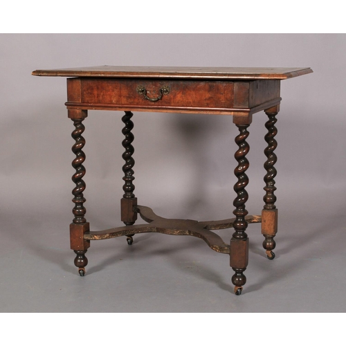 582 - A CHARLES II WALNUT VENEERED SINGLE DRAWER SIDE TABLE, the oversailing rectangular top parquetry inl... 