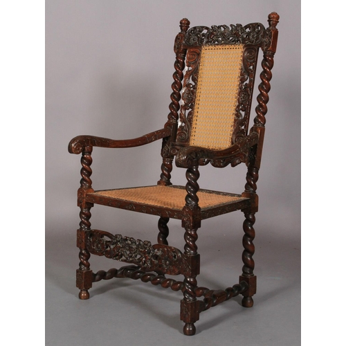 586 - A CHARLES II WALNUT ARMCHAIR 17TH CENTURY AND LATER, having a pierced cresting carved with an eagle ... 