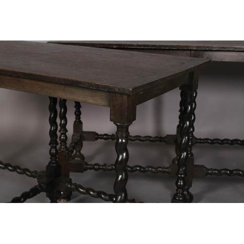 589 - A PAIR OF 17TH STYLE EBONISED OAK SIDE OR SERVING TABLES, rectangular, plain frieze, on barley twist... 