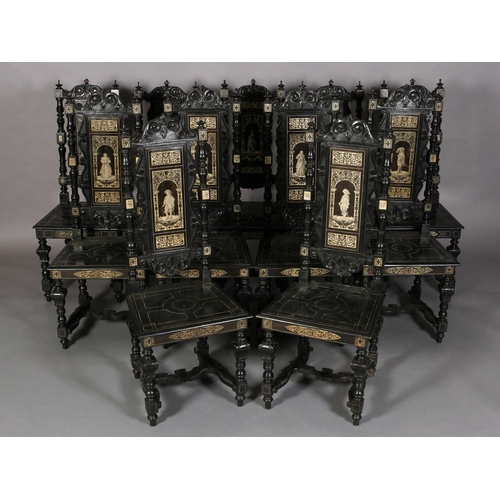 597 - A SET OF SIX AND FIVE CLOSELY MATCHED MILANESE EBONISED AND IVORY INLAID DINING CHAIRS in the 17th c... 