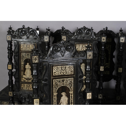 597 - A SET OF SIX AND FIVE CLOSELY MATCHED MILANESE EBONISED AND IVORY INLAID DINING CHAIRS in the 17th c... 