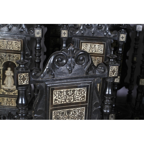 597 - A SET OF SIX AND FIVE CLOSELY MATCHED MILANESE EBONISED AND IVORY INLAID DINING CHAIRS in the 17th c... 