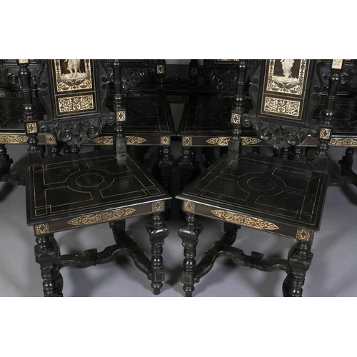 597 - A SET OF SIX AND FIVE CLOSELY MATCHED MILANESE EBONISED AND IVORY INLAID DINING CHAIRS in the 17th c... 