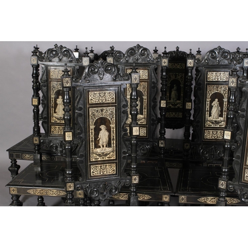 597 - A SET OF SIX AND FIVE CLOSELY MATCHED MILANESE EBONISED AND IVORY INLAID DINING CHAIRS in the 17th c... 