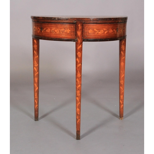 598 - A DUTCH MAHOGANY AND MARQUETRY SEMI-CIRCULAR SIDE TABLE, late 18th century inlaid with a flower fill... 