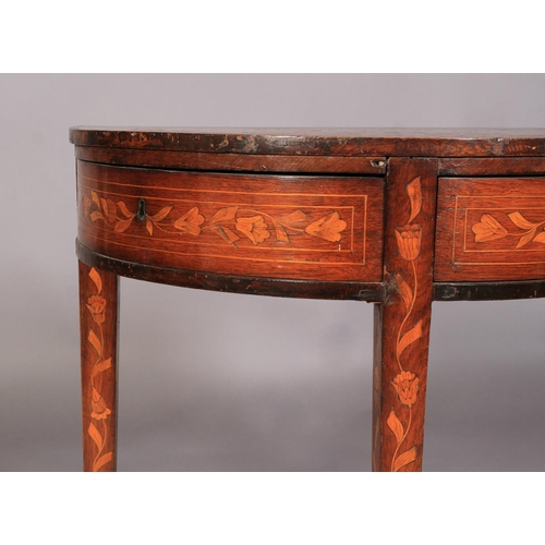 598 - A DUTCH MAHOGANY AND MARQUETRY SEMI-CIRCULAR SIDE TABLE, late 18th century inlaid with a flower fill... 