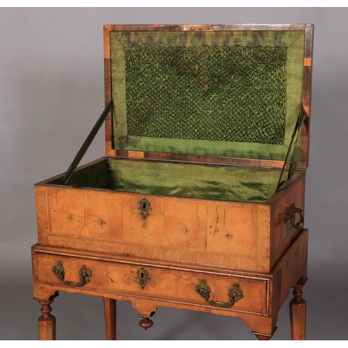 599 - A QUEEN ANNE WALNUT BOX ON STAND, the hinged lid cushion moulded and butterfly veneered within chevr... 