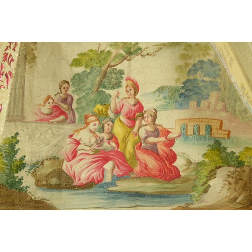 6 - AN 18TH CENTURY PAINTED PANEL FOR A FAN, depicting a classical river landscape, a lady bathing in th... 