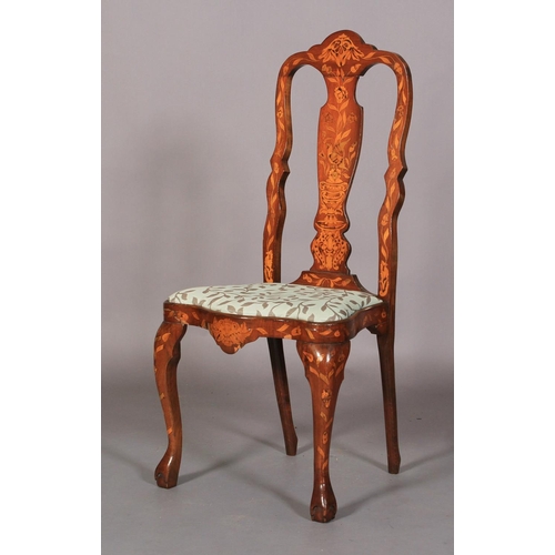 603 - AN 18TH CENTURY STYLE DUTCH MAHOGANY AND FLORAL MARQUETRY SIDE CHAIR with arched top rail shell inla... 