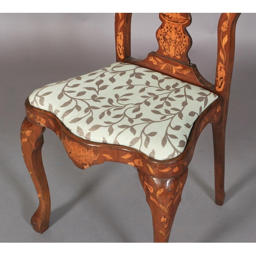 603 - AN 18TH CENTURY STYLE DUTCH MAHOGANY AND FLORAL MARQUETRY SIDE CHAIR with arched top rail shell inla... 