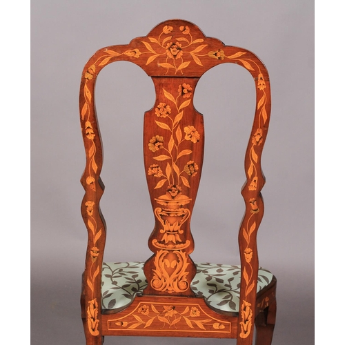 603 - AN 18TH CENTURY STYLE DUTCH MAHOGANY AND FLORAL MARQUETRY SIDE CHAIR with arched top rail shell inla... 