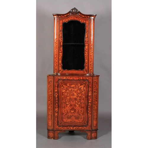 604 - A 19TH CENTURY DUTCH FLORAL MARQUETRY MAHOGANY STANDING CORNER CUPBOARD with glazed top above projec... 