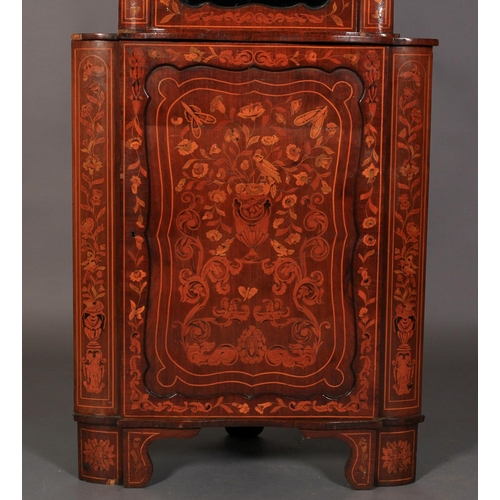 604 - A 19TH CENTURY DUTCH FLORAL MARQUETRY MAHOGANY STANDING CORNER CUPBOARD with glazed top above projec... 